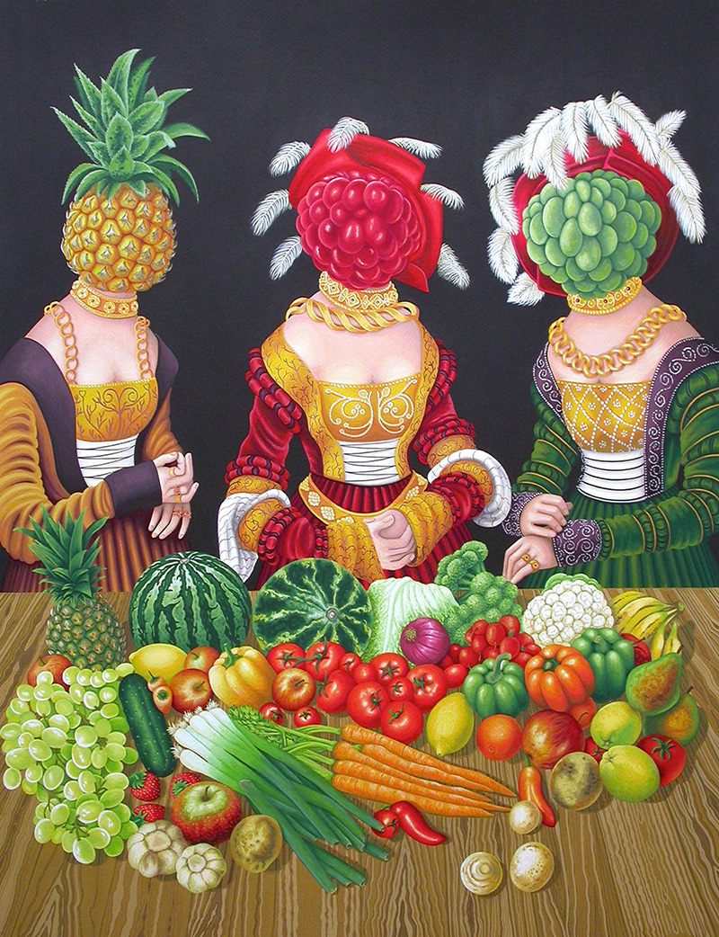 bwb-22 16th Century Fruit Heads. 2012, 85 x 65 cm, gouache on paper.