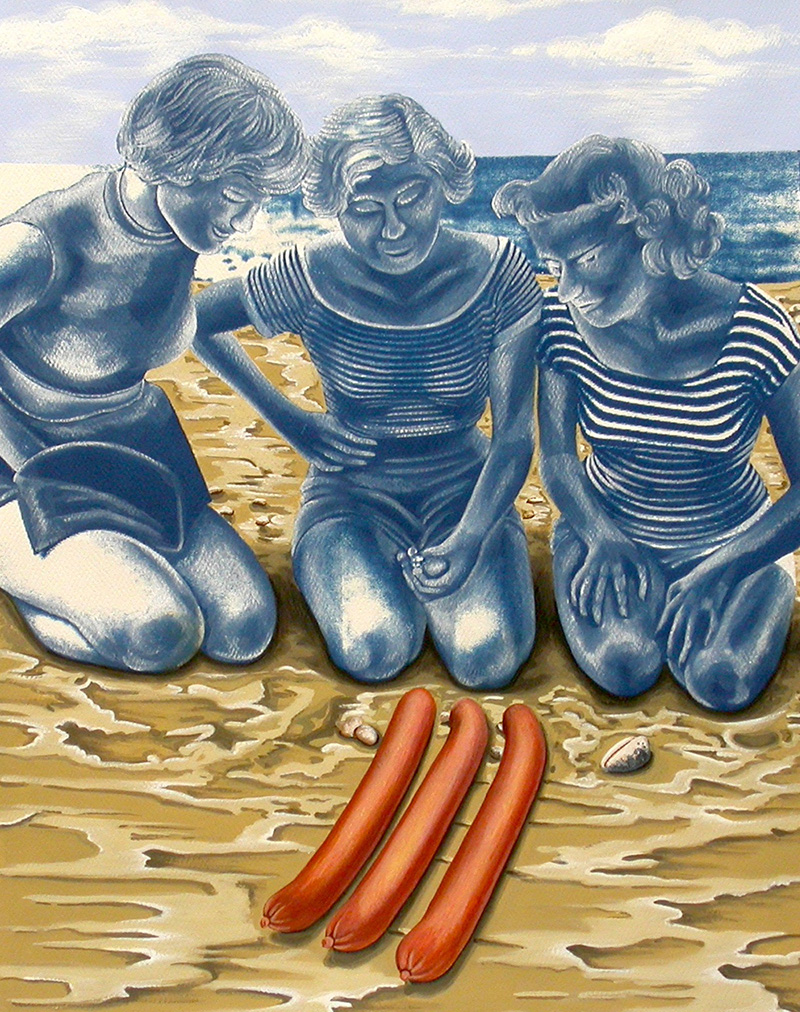 cy-08 Three Wieners Stranded on a Beach. 2012, 35 x 28 cm, cyanotype print, watercolour and gouache on paper.