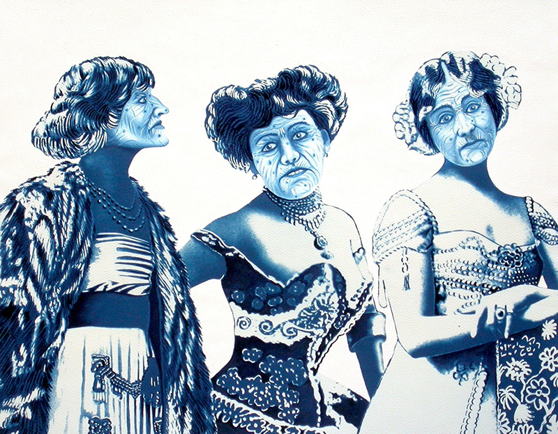 cy-11 The Three Graces turned Witches. 2012, 28 x 35 cm, cyanotype print, gouache, watercolour and casein on paper.