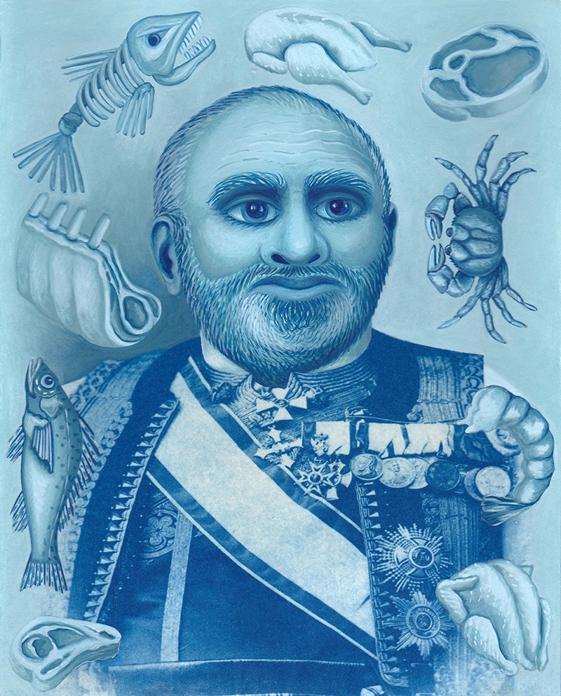 cy-15 The Greedy Statesman. 2014, 25 x 20 cm, cyanotype print and gouache on paper.