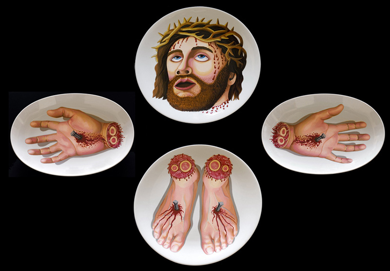 sj-07 Crucifixion 2004 100x100cm thermohardening paint on porcelain