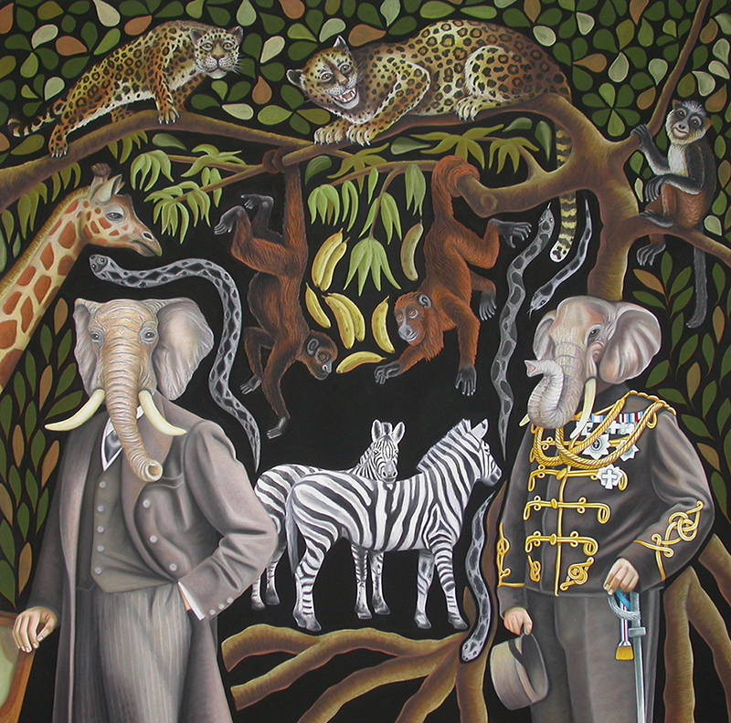 sta-01 Gentlemen's Jungle. 2013, 140 x 140 cm, charcoal, pastel, graphite, ink, gouache and casein on paper.