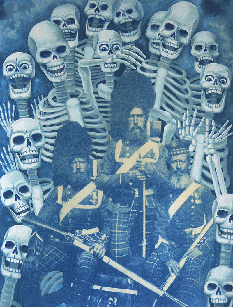 war-13 Bearded Scots Regretting their Independence. 2014, 32 x 24 cm, cyanotype print and gouache on paper.