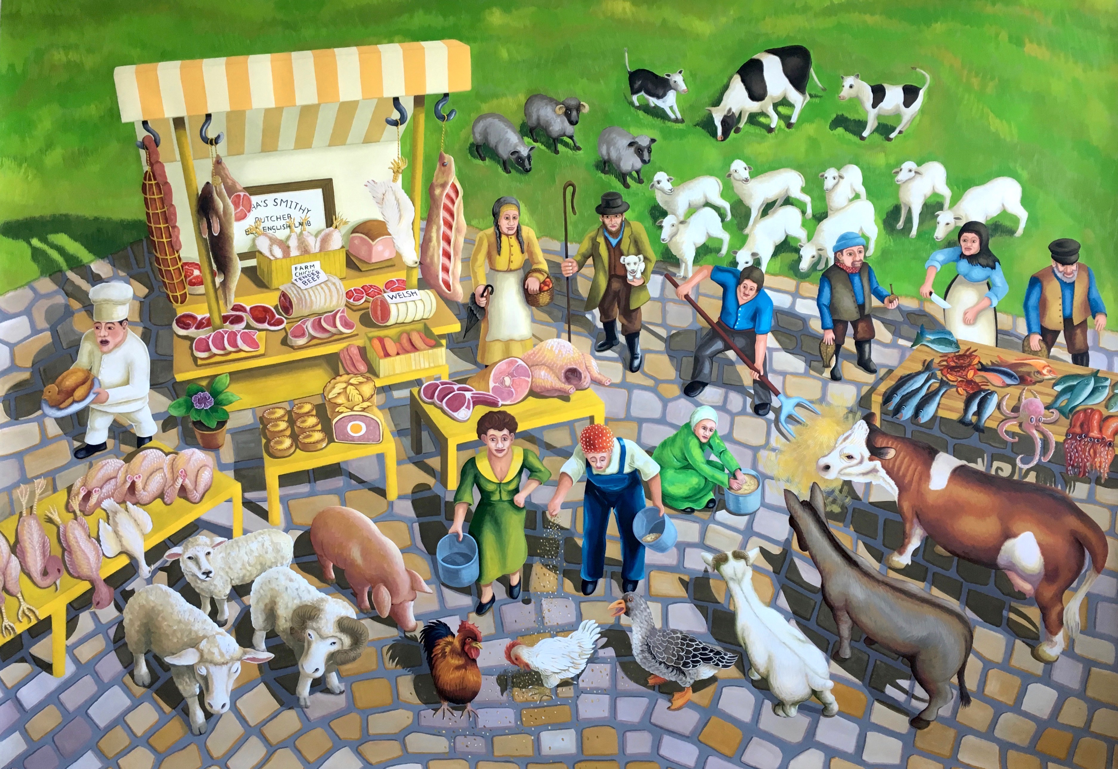 2) Market Day. 2017, 140 x 200 cm, gouache on paper.