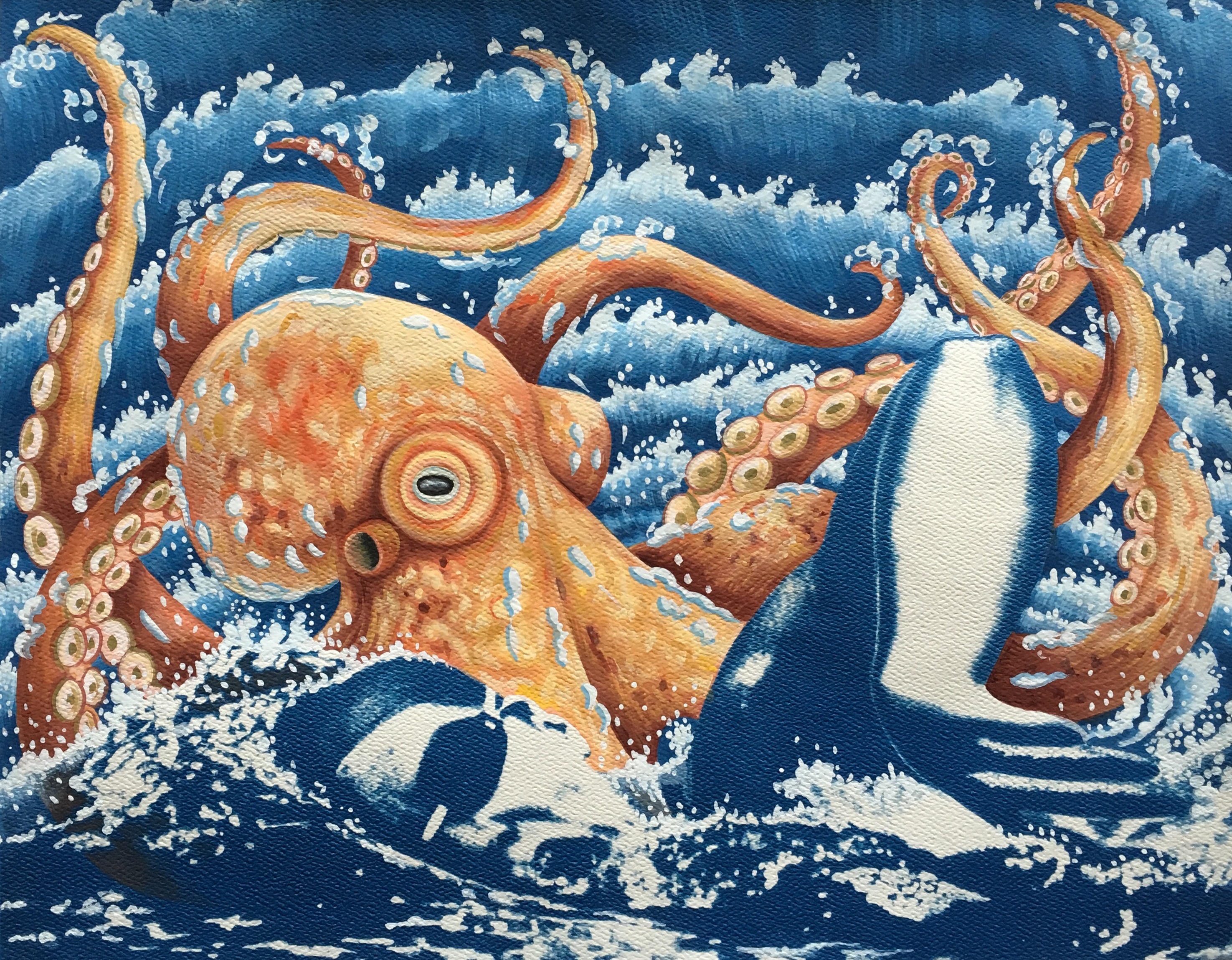 2) Octopus Attack. 2016, 28 x 35 cm, cyanotype print and gouache on paper.