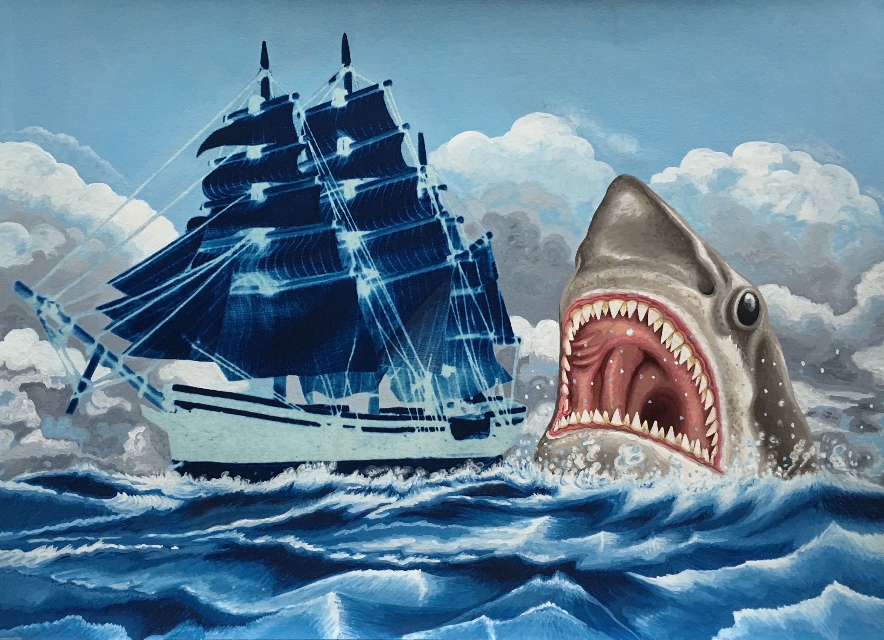 3) Shark Attack. 2016, 29.7 x 40.5 cm, cyanotype print and gouache on paper.