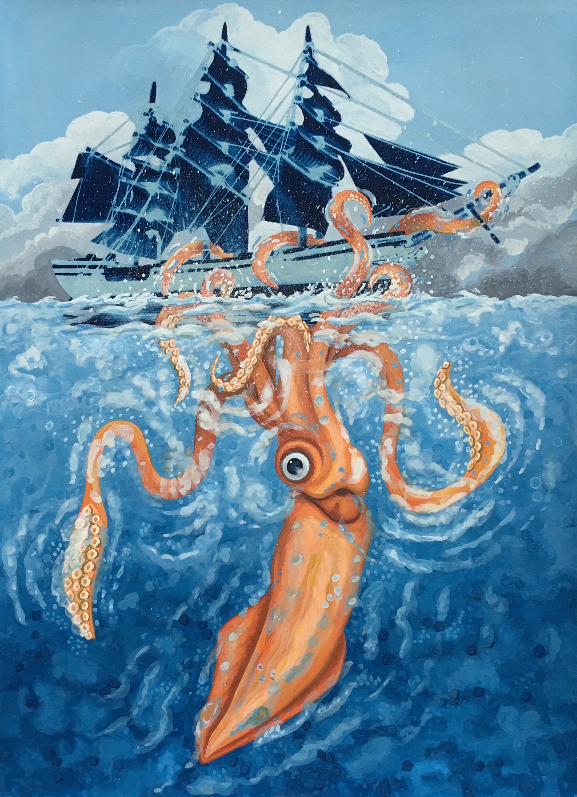 4) Squid Attack. 2016, 40.5 x 29.7 cm, cyanotype print and gouache on paper.