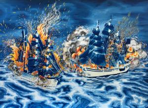 Battleships. 2016, 29.7 x 40.5 cm, cyanotype print and gouache on paper.