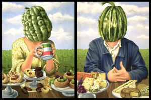 Mr & Mrs Zuccahead and their favourite dessert. 2011, 60 x 45 cm each, gouache on paper.     