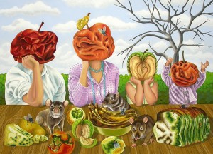 Mr & Mrs Rottenapplehead and their Rotten Children. 2012, 51 x 71 cm, gouache on paper.    