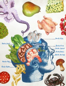 Bento Brain. 2012, 35 x 28 cm, cyanotype print, watercolour and gouache on paper.  