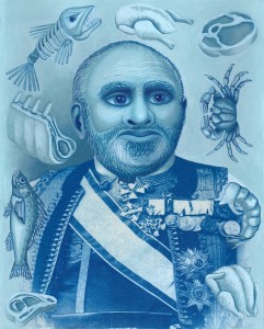 The Greedy Statesman. 2014, 25 x 20 cm, cyanotype print and gouache on paper.  