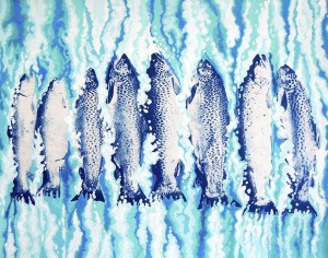 8 Fish. 2014, 28 x 35 cm, cyanotype print and gouache on paper.  