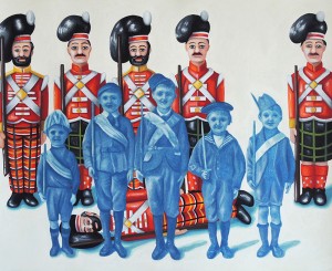 Boy Soldiers. 2014, 28 x 34 cm, cyanotype print, gouache and casein on paper. 